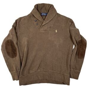 Polo Ralph Lauren Mens Size M Brown Pullover Shawl Neck Sweater Elbow Patch